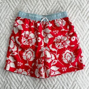 Mini Boden Boys Swim Trunks 6-7Y Red Floral Mesh Lined Drawstring